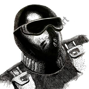 May include: Black and white ink illustration of a person wearing a helmet with visor and a face covering. The drawing style uses cross-hatching to create shadows and texture. The person is wearing a uniform with a shoulder pouch.