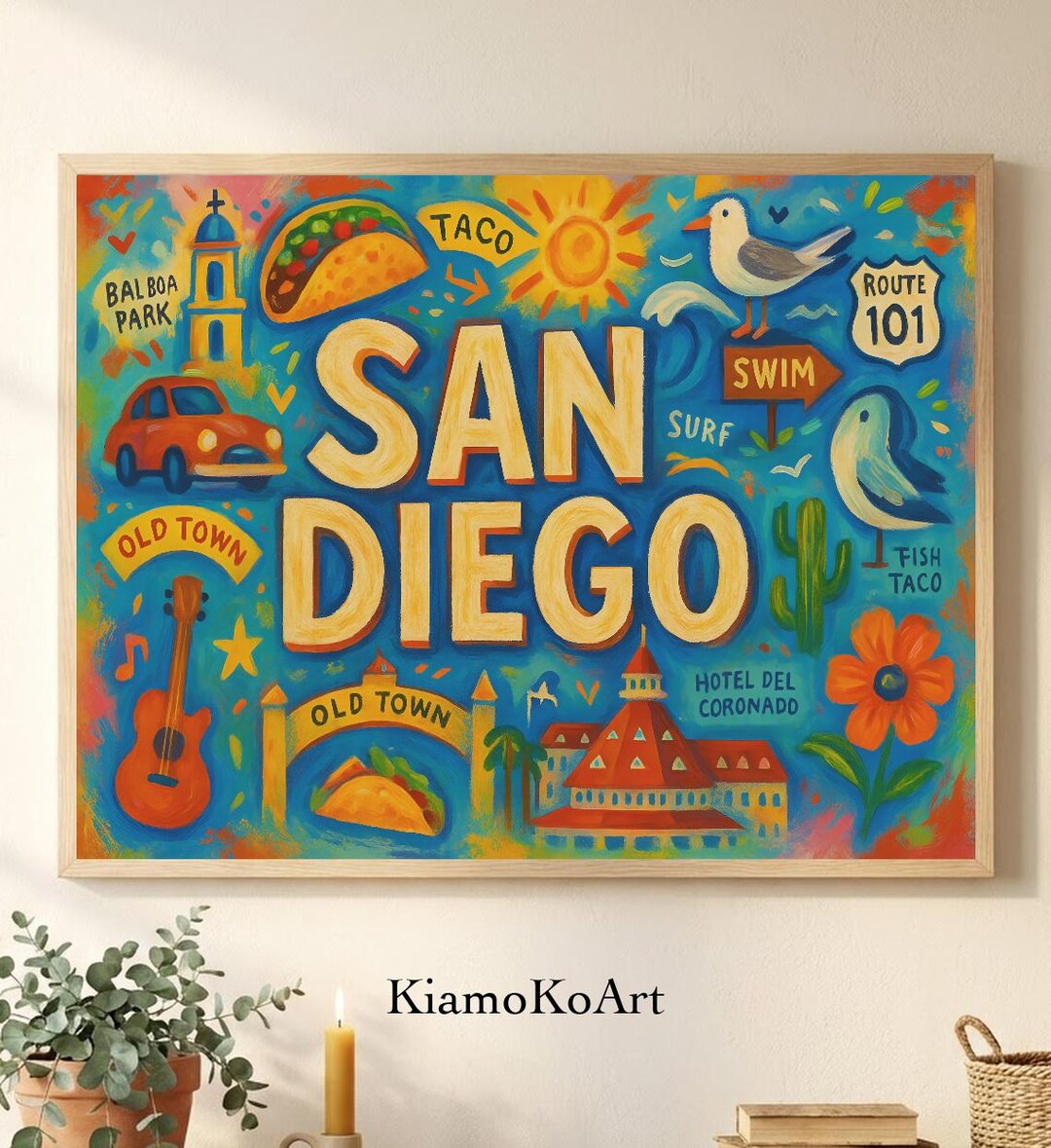 Colorful San Diego Hand Painted Style Travel Poster, Vibrant PRINTABLE ...