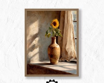 Sunflower, Vintage Floral Vase Art, Kitchen Wall Art, Cheerful Aesthetic