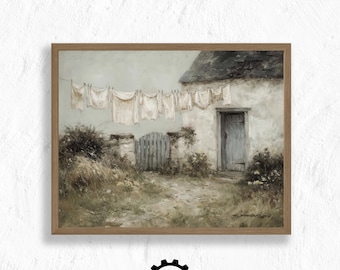 Clothesline Scene, Vintage Cottage Style, Vintage Printable Wall Art, Cozy Laundry Room