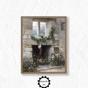 May include: A framed print of a fireplace scene. The artwork shows a stone fireplace with a Christmas stocking hanging from the mantel. Greenery and flowers decorate the window and hearth, creating a warm, inviting atmosphere.