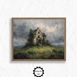 Charming Hilltop House Art, Rustic Landscape Print, Cozy Home Decor, Digital Download, Vintage Wall Art, Printable Art