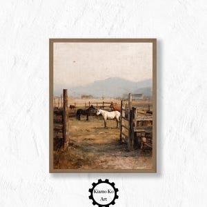 Horses in a Serene Field, Rustic Landscape Art Print, Cozy Home Decor, Printable Wall Art, Digital Download, Vintage Wall Art