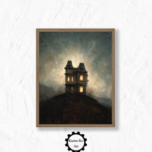 Scary House on a Hill Art Print, Cozy Landscape Decor, Vintage Wall Art, Digital Download, Home Decor Gift, Vintage Wall Art