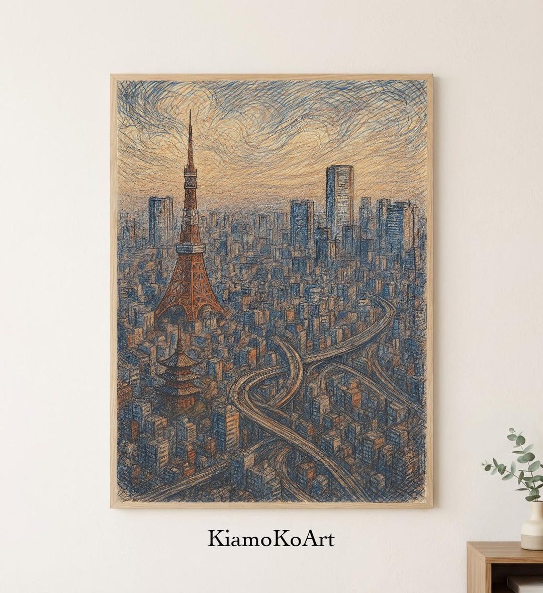 Tokyo Cityscape Colorful Line Art PRINTABLE, Dynamic Scribble Art Wall ...