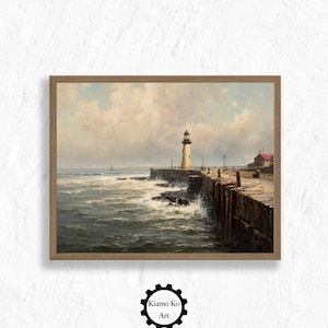 Faro costero, arte mural oceánico, decoración náutica para el hogar, impresión portuaria, decoración costera vintage, regalo de arte costero, paisaje marino