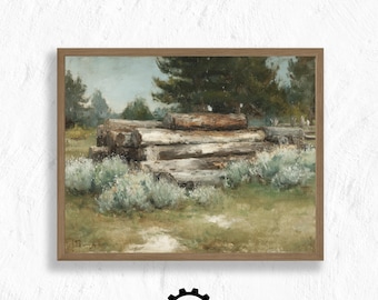 Log Cabin in Forest, Vintage Printable Wall Art, Cozy Cabin Aesthetic