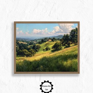 Serene Green Field Landscape, Blue sky Art Print, Rustic Home Decor, Nature Wall Art, Printable Download, Vintage Wall Art