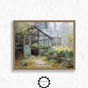 Charmantes Gewächshaus, Rad-Dekor-Druck, rustikale Wohndekoration, Natur-Kunstdruck, botanische Wandkunst, vom Garten inspiriertes Geschenk