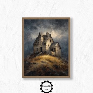 Scary House on a Hilltop House Art, Vintage Landscape Print, Cozy Home Decor, Digital Download, Nature Wall Art, Vintage Wall Art