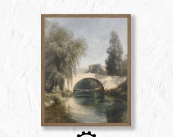 橋を架けた川の絵画、風景の壁アート、素朴な室内装飾、森の風景アート