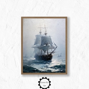 Coastal Harbor Scene, Vintage Ship Art Print, Tranquil Ocean View, Nautical Home Decor, Printable Wall Art, Digital Download