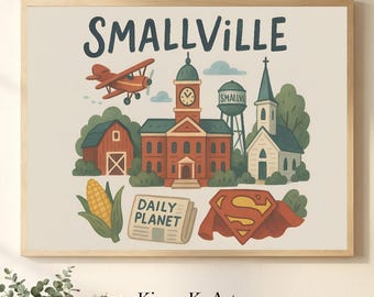 以下が含まれることがあります： 赤い納屋、裁判所、教会、給水塔が描かれた、Smallvilleのカラフルなイラストが特徴の額入りプリント。飛行機、トウモロコシ、デイリープラネット新聞、スーパーマンのエンブレムも含まれています。「Smallville」の文字が上部にあります。