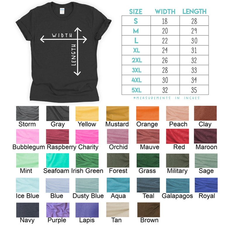 K&ouml;nnte beinhalten: Eine Tabelle mit den Ma&szlig;en f&uuml;r Breite und L&auml;nge in Zoll f&uuml;r ein T-Shirt in den Gr&ouml;&szlig;en S bis 5XL. Unter der Tabelle befindet sich eine Farbkarte mit 16 verschiedenen Farbmustern f&uuml;r T-Shirts.