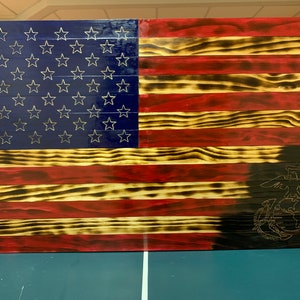 Hand Made Wooden American Flag with Marine Emblem