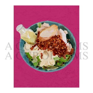 Può includere: Una rappresentazione artistica di un'insalata in una ciotola turchese, su sfondo rosa. L'insalata comprende lattuga, crostini, pollo e una bottiglia di condimento. L'immagine ha il testo "A CUP OF DREAMS" ai lati.