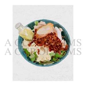 Può includere: Dipinto ad acquerello di un'insalata in una ciotola turchese. L'insalata comprende lattuga, crostini, pollo e una guarnizione marrone-rossastra. Una piccola bottiglia di vetro di condimento è sul lato. Il testo "ACU PRO MS" è parzialmente visibile.