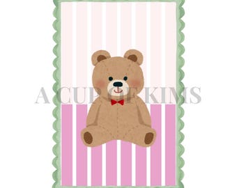 Pink Watercolor Striped Teddy Bear Grandmillennial Print / Digital Download