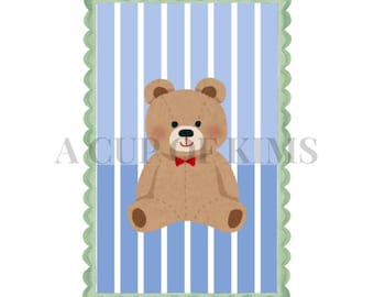 Blue Striped Watercolor Grandmillennial Teddy Bear Print / Digital Download