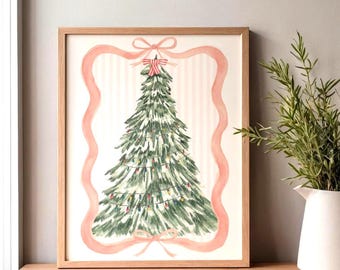 Grandmillennial Christmas Tree Printable – Pink Striped Holiday Wall Art / Instant Download