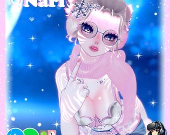 Könnte beinhalten: Eine digitale Illustration einer weiblichen Anime-Figur mit rosa Haaren, die einen rosa Pullover, einen weißen BH und einen rosa Rock trägt. Sie trägt eine Brille und ein Schneeflocken-Haarband. Der Hintergrund ist ein blauer Himmel mit Sternen. Der Text "Nari" befindet sich in der oberen linken Ecke des Bildes.