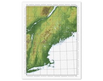 New England Map - Natural or Major Cities - with Latitude and Longitude Lines (Unframed giclee print)