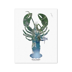 May include: A green and blue lobster silhouette with the text "Mystic Harbor, Connecticut" underneath. The lobster is made up of an aerial map of the Mystic Harbor area.