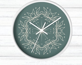 Sage Green Wall Clock, Geometric Plant Design, Modern Home Decor