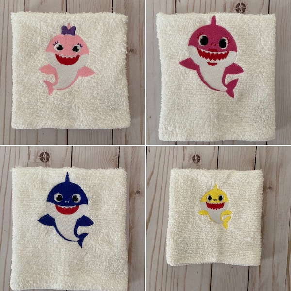 Baby Shark Inspired Set of Washcloths Hand Towels Bath Towels Mix and Match Choose from Mommy, Daddy, Baby, Sister, Grandma Shark.