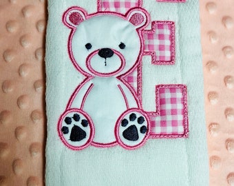 Beautiful Organic Cotton  Burpcloth Embroidered Custom Initial and Teddy Bear design Gift for Baby Girl or Boy Baby Shower Newborn Gift