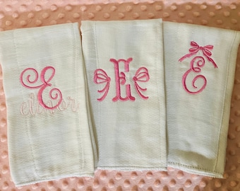 Beautiful Organic Cotton Set of 3 Burpcloths Bow Theme Gift Set for Baby Girl Baby Shower Newborn Gift