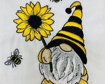 Embroidered Bee Gnome Kitchen Towel Tea Towel with Sunflower