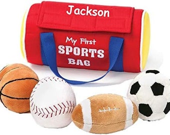 Plush My First Sports Bag Playset Personalized Set of Sports Bag and 4 Sports Balls Football Soccer Baseball Basketball Gift