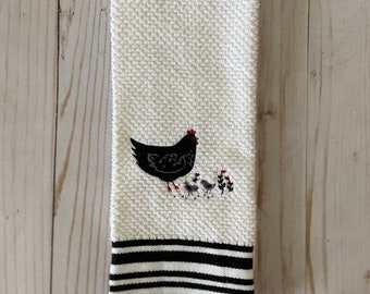 Folk Art Mother Hen & Chicks Kitchen Towel Embroidered
