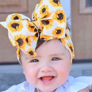 Sunflowers on white bow, stretchy messy bow, messy headwrap, messy headband, messy bow headwrap, double bow, clip bow, big bows