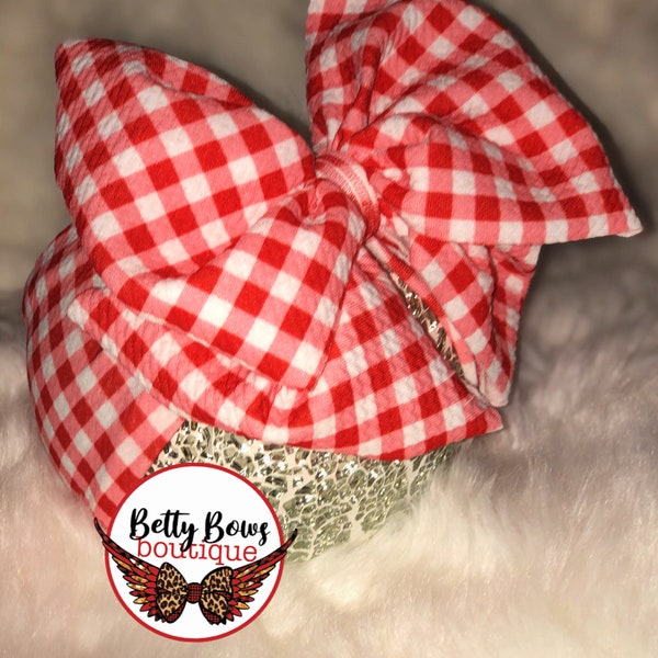 Red & white gingham plaid stretchy messy bow, messy headwrap, messy headband, messy bow headwrap, double bow, clip bow, big bows