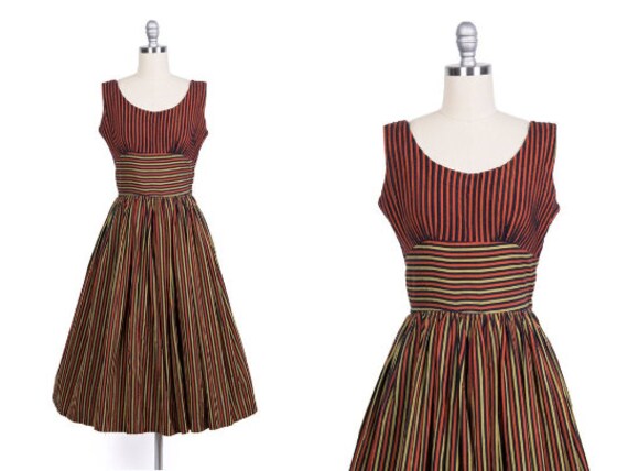 Vintage 1950s Dress // 50s Red Black Gold Striped