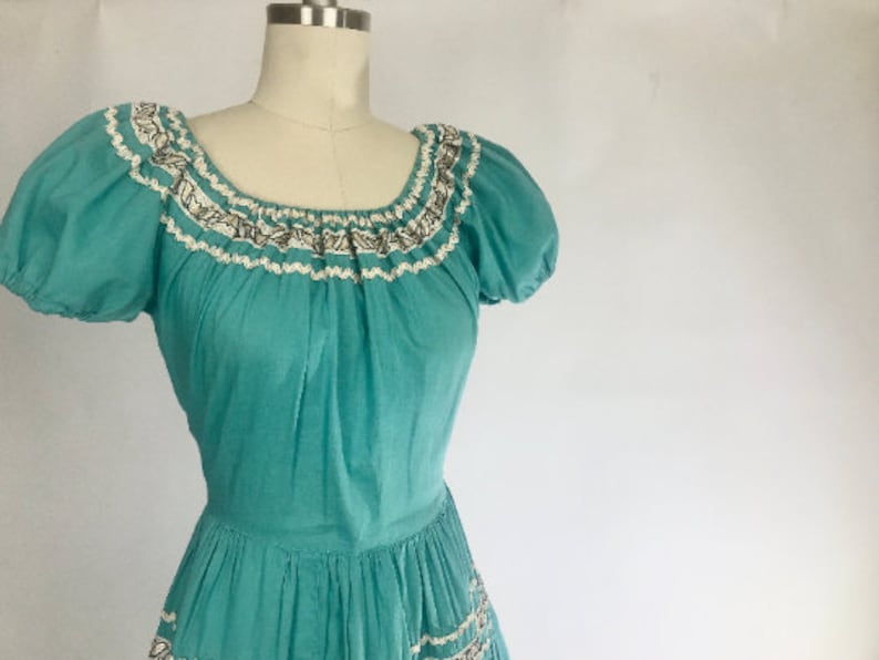 Vintage 50s Aqua Southwestern Patio Dress, Western Rockabilly Dress, Full Sweep Skirt S/XS