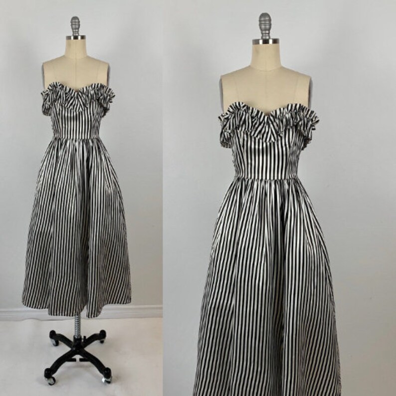 Vintage Gunne Sax Dress // 80s Gunne Prom Dress // 1980s Formal Wear // Satin Strapless Evening Gown // Black White Stripes // Monochrome 