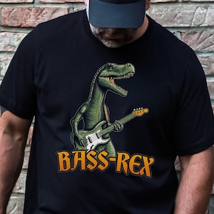 Bass Guitar Player T-Shirt, Dinosaur Bass-Rex Funny Bass Player Graphic Tee