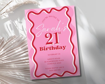 Pink and Red Modern 21st Birthday Invitation for her, Editable Digital Download Template, Pink and Red Wavy 21st Birthday Invite, Scalloped