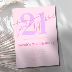 Aesthetic Minimalist Pink and Purple 21st Birthday Party Invitation, Editable Digital Download Template, Pink & Purple 21st Birthday Invite