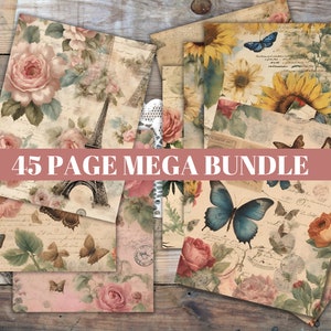 45 Vintage Journal Pages Mega Bundle, Junk Journal Kit, Decorative Paper Pack, Printable Paper,Shabby Journal Scrapbook Printable,Rose Paper