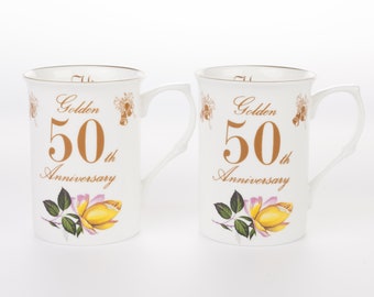 Pair of 50th (Golden) Wedding Anniversary Bone China Mugs