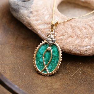 Messianic Fish Gold Necklace with Chrysocolla and Marcasite, 18K Gold Plated Judaica Pendant, Fish Design Eilat Stone Gift for woman