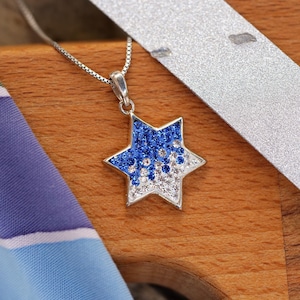 Blue and White Israel Star of David Necklace, 925 Sterling silver and Crystals Israel Flag Colours Pendant, Judaica Jewish Jewelry for woman