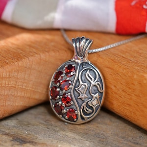 Pomegranate Necklace - Ethnic design Pomegranate pendant with red stones - Jewish Gift - Judaica Jewelry - Israeli Design