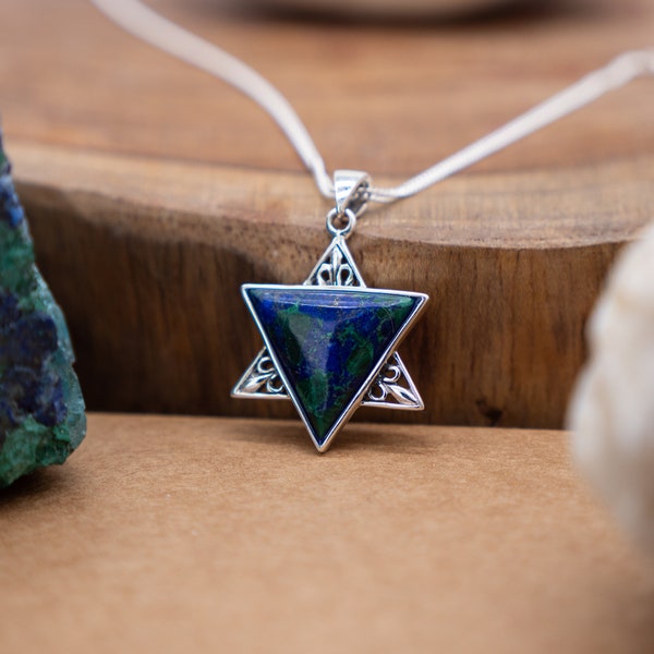 Pendentif étoile de David azurite malachite, collier Magen David en argent, bijoux juifs, collier Judaica d'Israël bleu et vert