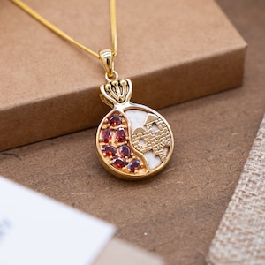 Jerusalem Stone 14K solid Gold Pomegranate Necklace Judaica Pendant for woman, Garnet Pendant with Jerusalem Old City Design gift for her