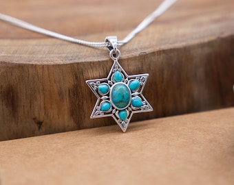 Magen David Pendant Silver and Turquoise Star Of David Necklace,Ethnic Jewish Jewelry, Silver Pendant with 6 Turquoise Stone, Israel Judaica